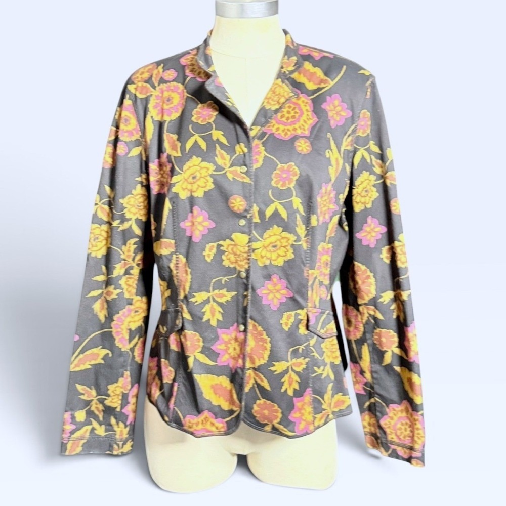 Peck & Peck Floral Blazer Jacket Black Yellow Pink Snap Front Size 14 pockets